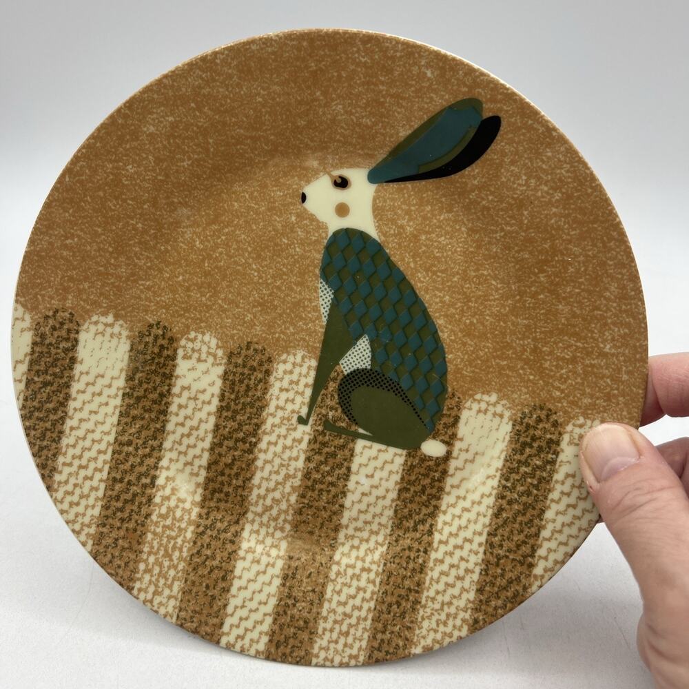 Magpie Tom Frost Dusk Wildlife Salad Dessert Plate Rabbit Hare 7.5" Gold Teal
